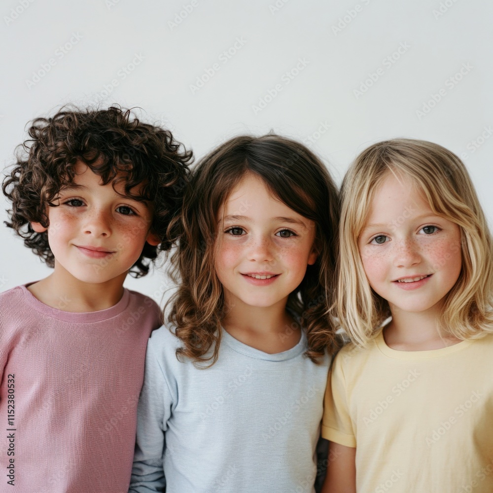 three children standing side by side wearing pastel shirts three children standing side by side wearing pastel shirts