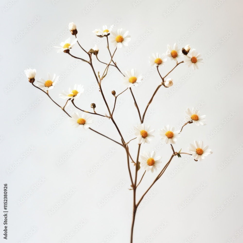 a sprig of small white flowers with yellow centers against a white background a sprig of small white flowers with yellow centers against a white background