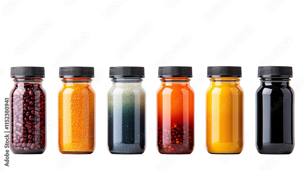 Colorful Jars of Diverse Ingredients Food Drink Supplements Colorful Jars of Diverse Ingredients Food Drink Supplements
