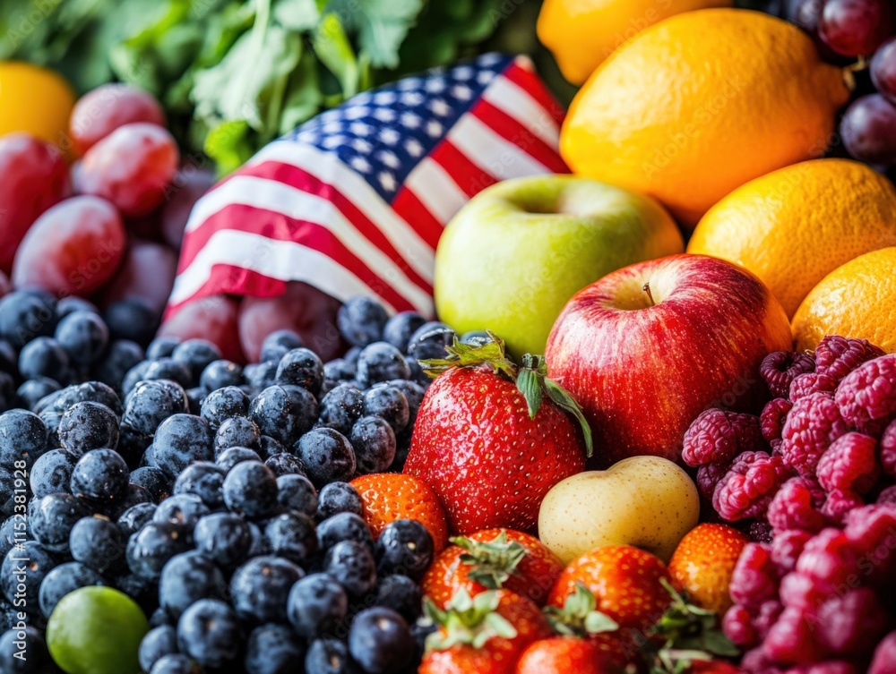 a display of colorful fresh fruits and a small us flag a display of colorful fresh fruits and a small us flag