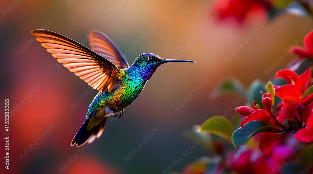 Obraz premium Vibrant Hummingbird in Flight with Red Flowers and Golden Sunset Background