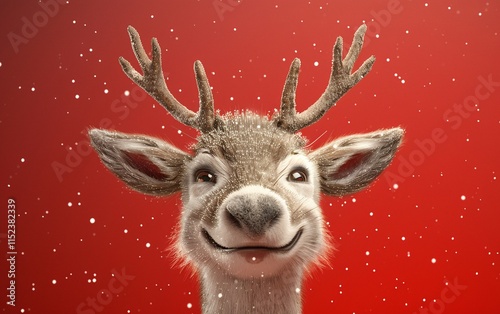 A cheerful reindeer smiles against a red snowy background. Perfect for Christmas cards or winter-themed projects! photo