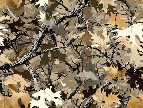 Realistic hunting camouflage seamless pattern design. Forest barks, stems, leaves camouflage background. Vector camouflage for hunting and military