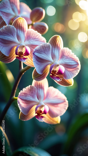 Delicate Macro Orchids in a Sunlit Jungle Setting 