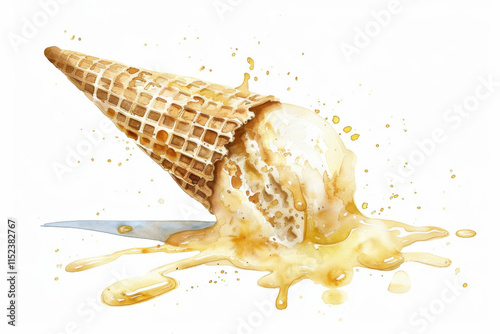 Watercolor illustration of an ice cream cone falling over, with the bottom of it melting, in a clipart style. Generative AI tools