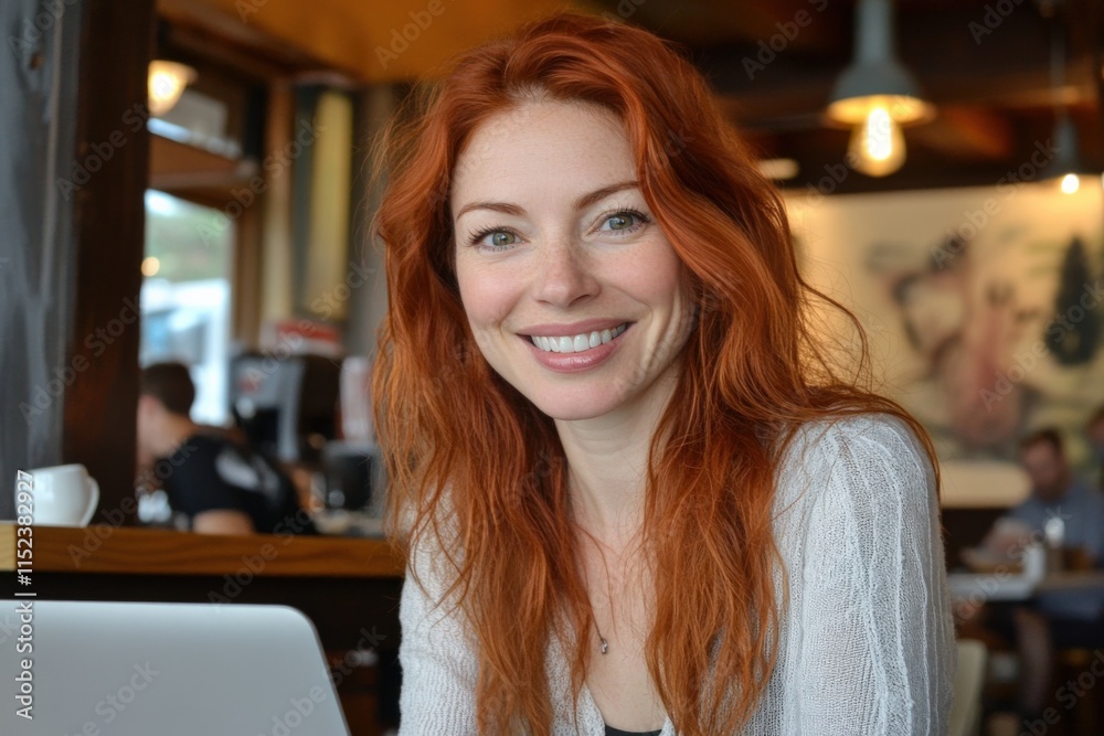 woman with red hair smiling at a cafe woman with red hair smiling at a cafe