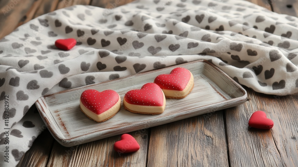 Delicious heart-shaped cookies on a rustic wooden table