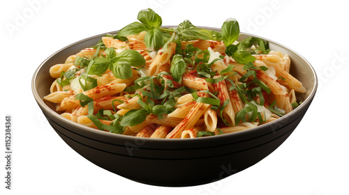 Freshly made pasta with tangy tomato sauce and basil, served in a white bowl for a simple Italian meal, studio view, isolated on transparent background.