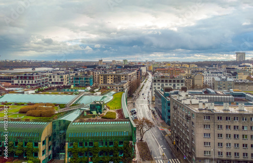 Awe aerial view  (panorrama) on garden of  Warsaw University Library, - fantastic sky : alittle dramatic photo