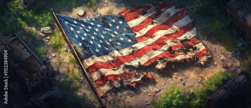 tattered american flag lies on the ground