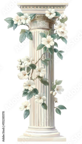 PNG An ancient greek pillar with white flowers architecture column.
 photo