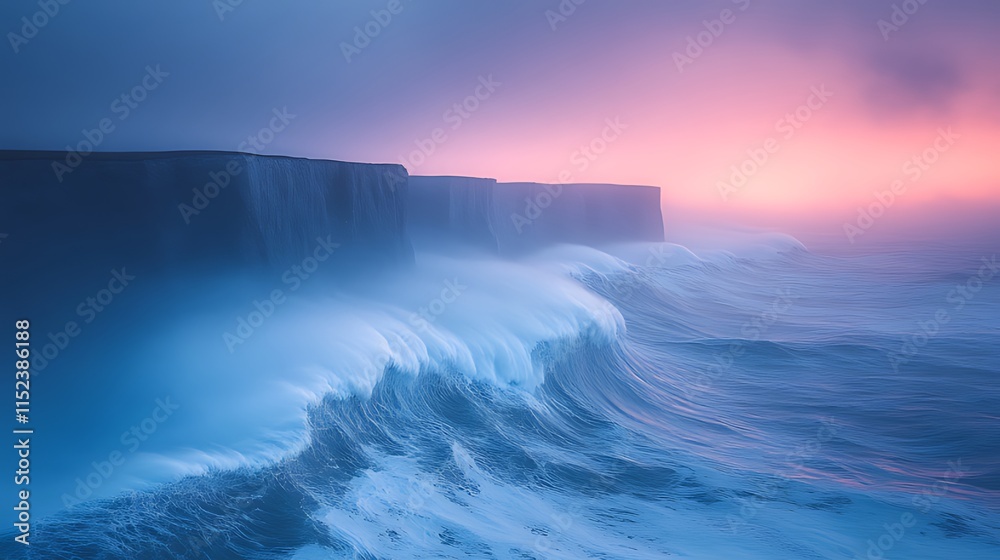 Fototapeta premium Dramatic ocean waves crashing against high cliffs at sunset.