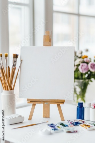 Creative artist's workspace with canvas and painting supplies beside a sunlit window