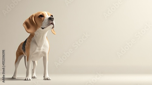 Adorable Beagle dog standing, looking up, against a neutral background. photo