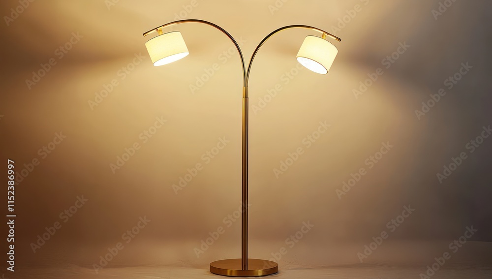 A sleek floor lamp with a shiny brass base and a neutral white shade featuring two curved arms holding light