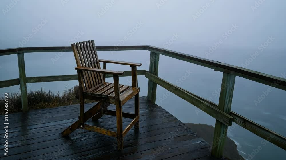 Empty wooden chair overlooking foggy ocean at coastal viewpoint during early morning Empty wooden chair overlooking foggy ocean at coastal viewpoint during early morning