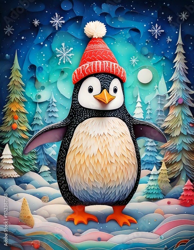 A Bubbly penguin with a Christmas hat on dancing in the snow