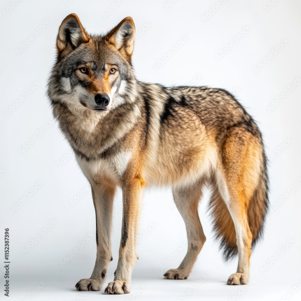 A wolf stands against a plain white background A wolf stands against a plain white background