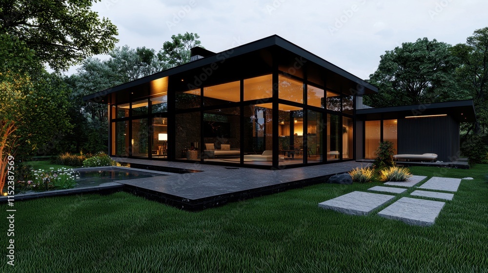 A modern house with a large glass window and a black roof A modern house with a large glass window and a black roof