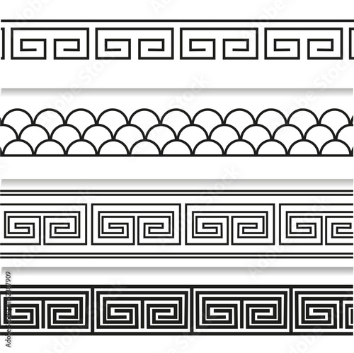 Horizontal graphic patterns set. Chinese outlines patterns borders