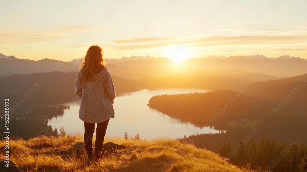 Serene sunrise over mountain lake with solo traveler enjoying the view Serene sunrise over mountain lake with solo traveler enjoying the view