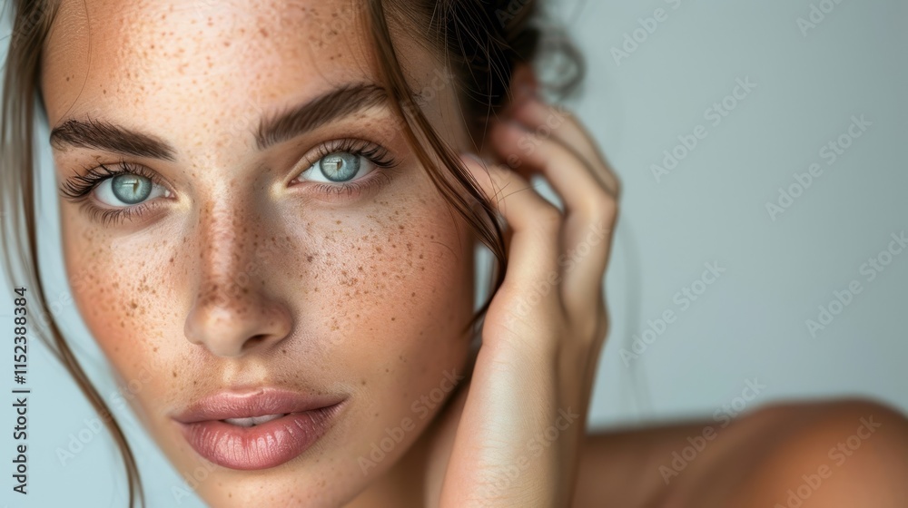 Close-up portrait of a young woman with freckles and captivating blue eyes in soft natural light Close-up portrait of a young woman with freckles and captivating blue eyes in soft natural light