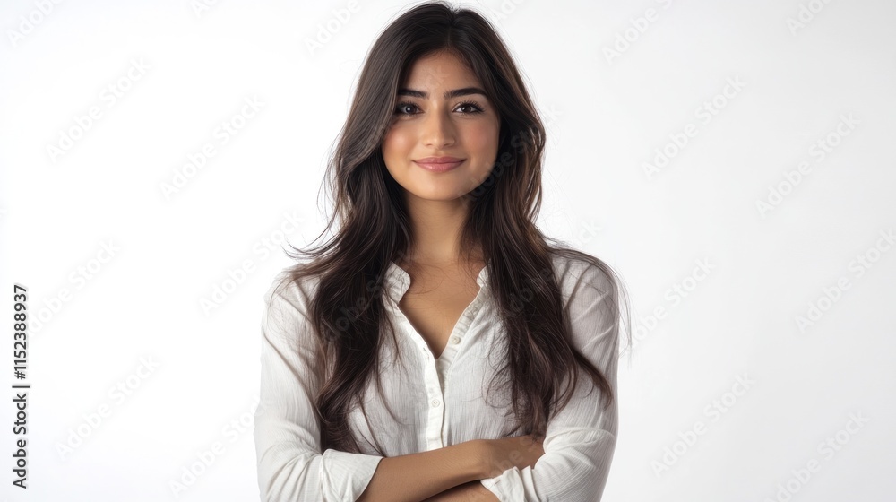 Confident young woman with long brown hair, smiling, arms crossed, white shirt, studio shot, white background. Confident young woman with long brown hair, smiling, arms crossed, white shirt, studio shot, white background.