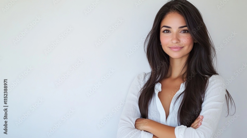 Confident young woman with long dark hair and a subtle smile, arms crossed, against a plain white background. Confident young woman with long dark hair and a subtle smile, arms crossed, against a plain white background.