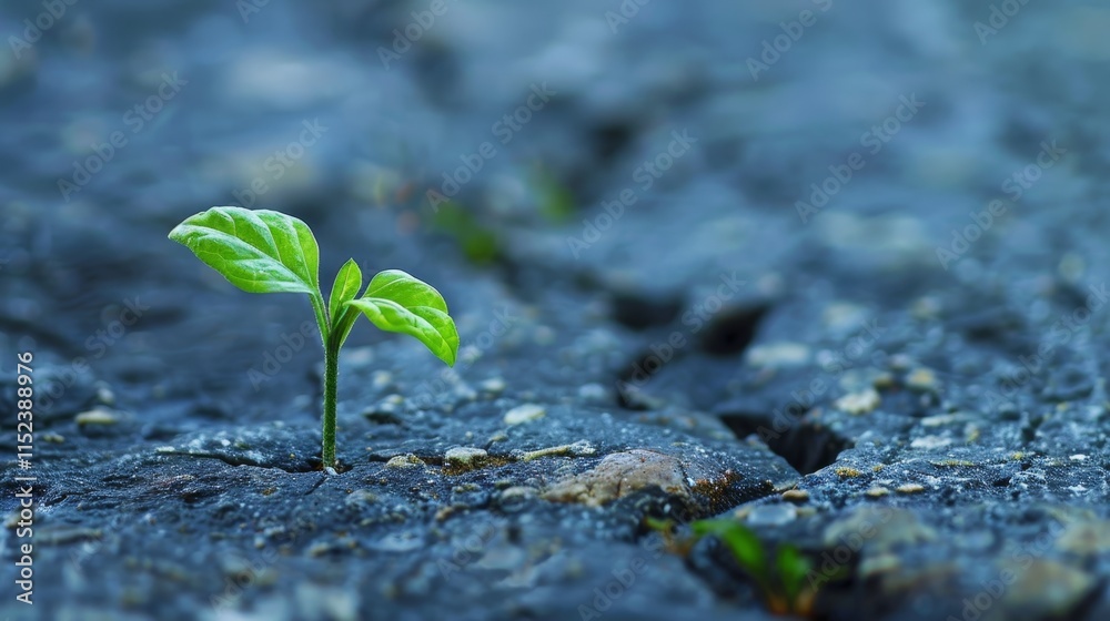 Resilient green sprout emerges from cracked asphalt in a bare urban environment