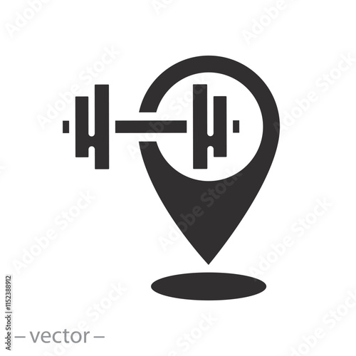dumbbell with pinpoint, gym location icon, fitness studio map pointer, flat vector illustration