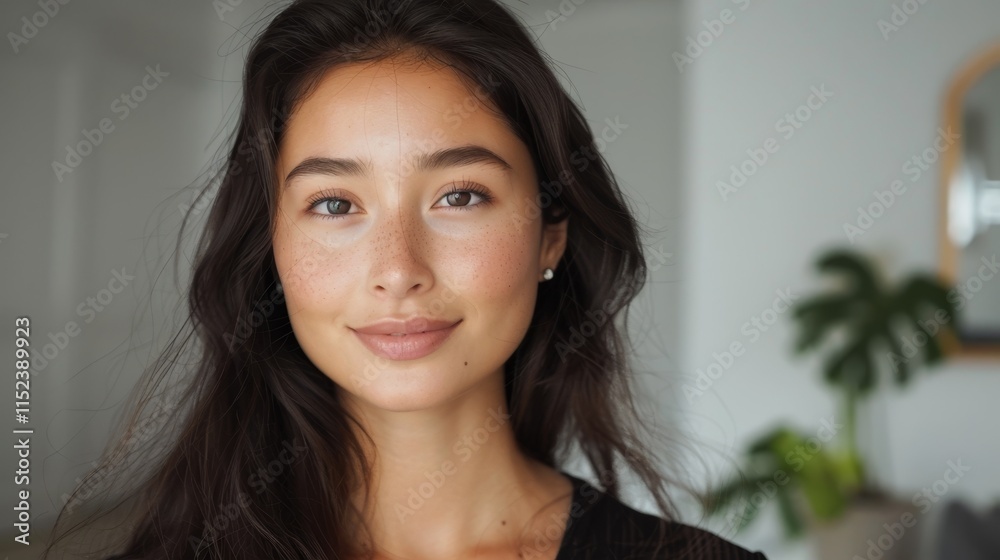 Young woman with long hair smiles warmly in a modern indoor setting surrounded by plants Young woman with long hair smiles warmly in a modern indoor setting surrounded by plants