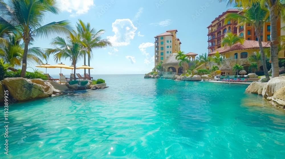 Tranquil resort with crystal clear water and lush palm trees under a bright blue sky in a tropical paradise Tranquil resort with crystal clear water and lush palm trees under a bright blue sky in a tropical paradise