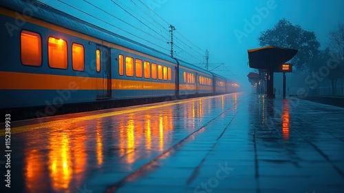 Evening train reflections on rainy station platform photo