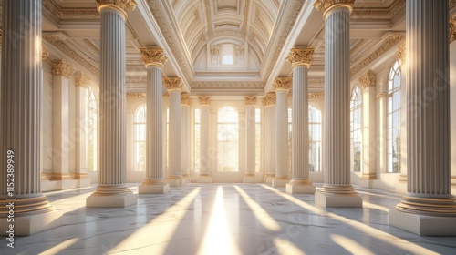 Sunlit grand hall with marble floor and columns.