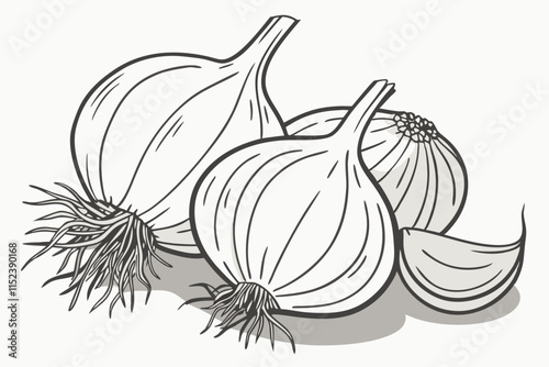 Garlic Silhouette: Cluster of Cloves with Wispy Roots on White Background