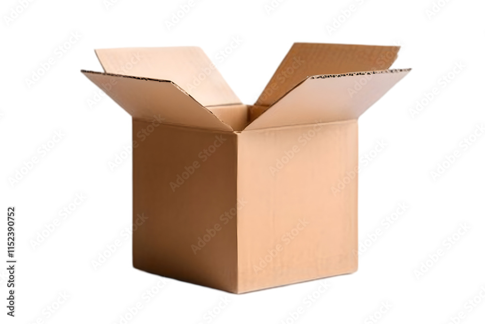 Open cardboard box placed on a neutral background, ready to be filled with items or used for storage or shipping, suggesting a moment of unpacking or organization Open cardboard box placed on a neutral background, ready to be filled with items or used for storage or shipping, suggesting a moment of unpacking or organization