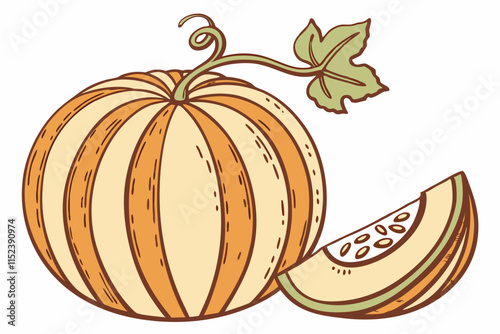 Pumpkin vector Silhouette: Round Shape with Vertical Grooves and Stem on White Background