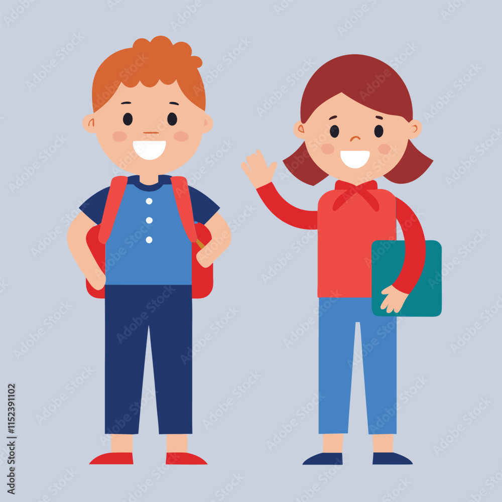 Cartoon illustration of a boy and girl standing together, representing a family with children, fun, and love in a playful design Cartoon illustration of a boy and girl standing together, representing a family with children, fun, and love in a playful design