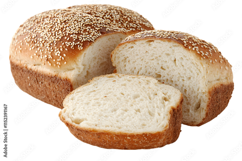 Freshly baked sesame bread loaf with slices cut and displayed on a neutral background, showcasing the light and airy texture of the bread Freshly baked sesame bread loaf with slices cut and displayed on a neutral background, showcasing the light and airy texture of the bread