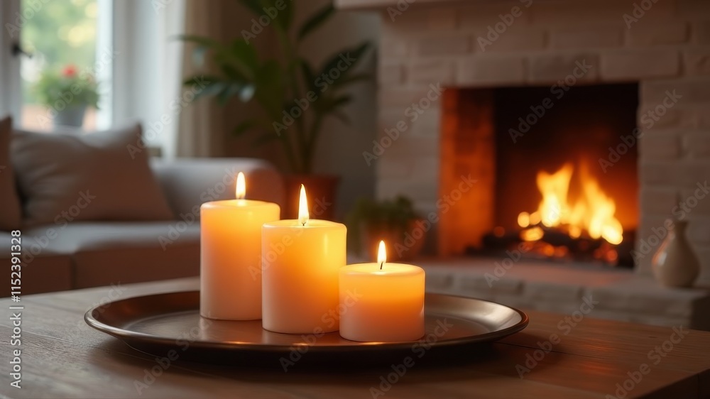 burning candles on a table against a fireplace burning candles on a table against a fireplace