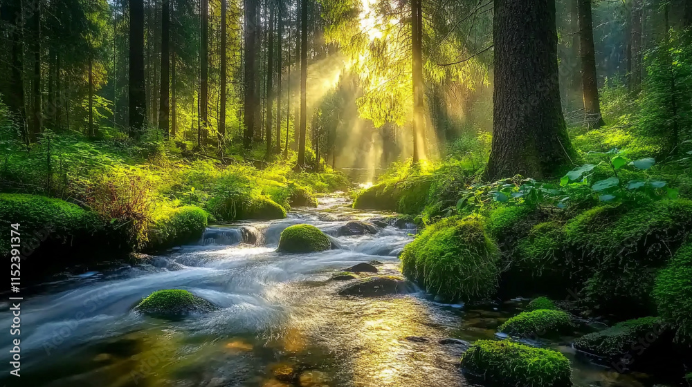 Fototapeta premium Sunlight filters through trees over a serene stream in a lush forest during the early morning hours