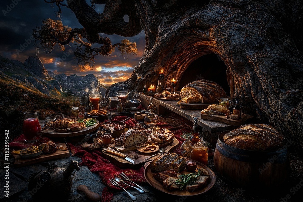 Fototapeta premium A beautifully arranged picnic featuring an array of gourmet dishes displayed on a lush outdoor setting. The spread includes roasted vegetables, fresh salads, artisanal bread, and elegantly served meat