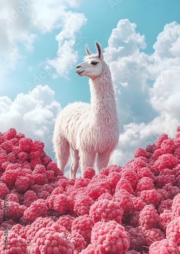 White alpaca walkes in the field of fresh raspberries. Cute llama portrait. M...