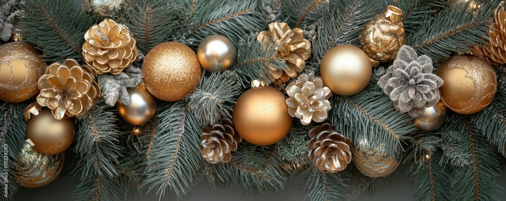 Christmas decorations, close up of golden bauble on Christmas wreath. Christmas decorations, close up of golden bauble on Christmas wreath.