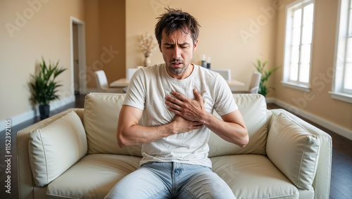 Man holds his hand to his heart during an attack at home