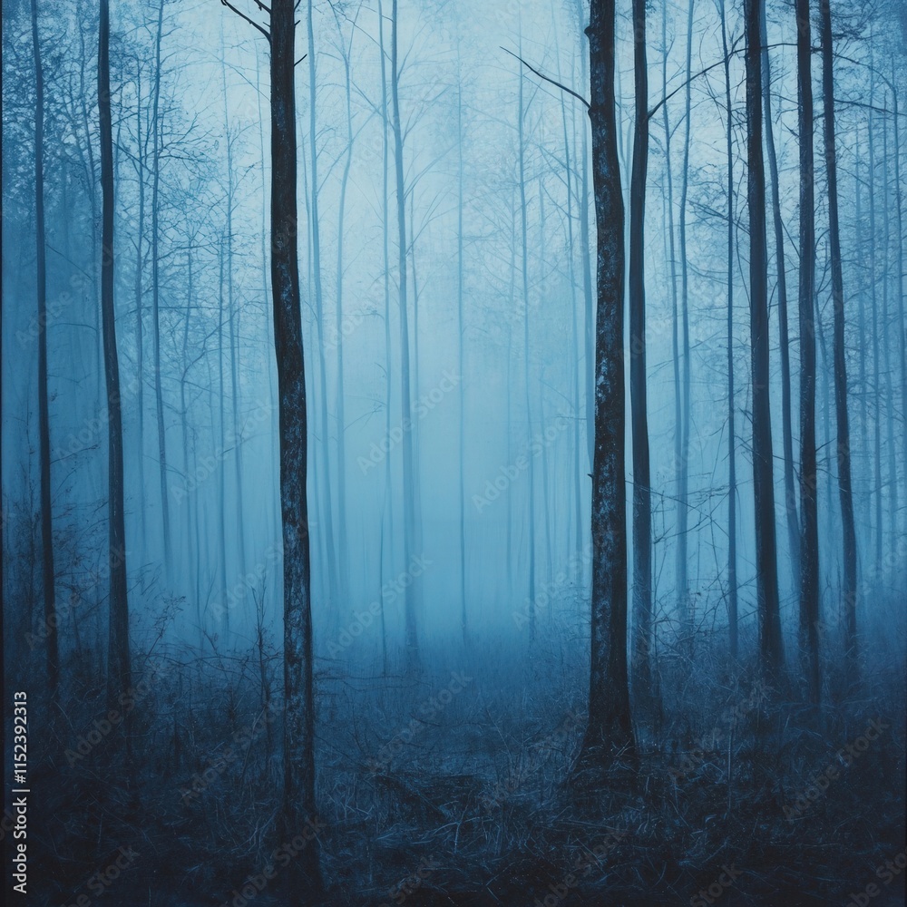 Fototapeta premium A foggy forest with tall, bare trees