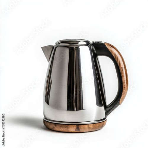 Stainless steel electric kettle with wooden handle on white background photo