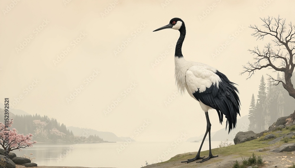 Obraz premium Elegant Asian Crane in Minimalist Landscape at Dawn