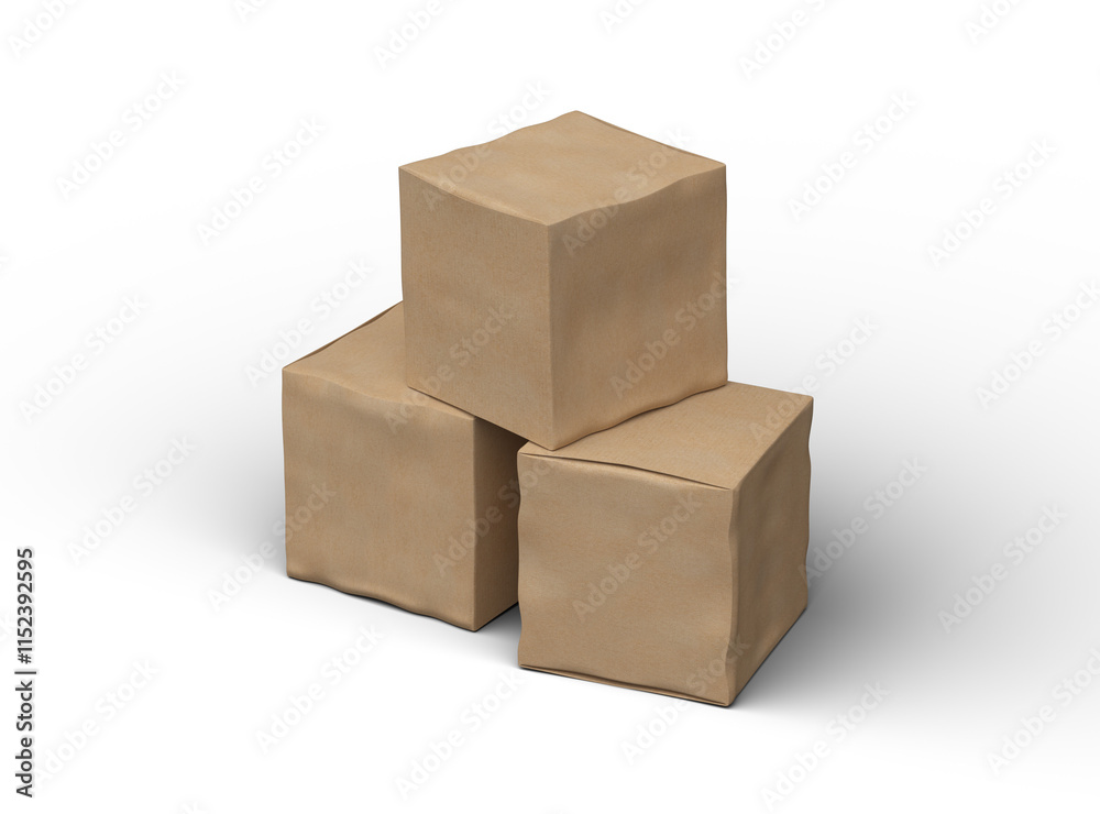 Rendered image of a small cubic cardboard box with dents on a transparent background Rendered image of a small cubic cardboard box with dents on a transparent background