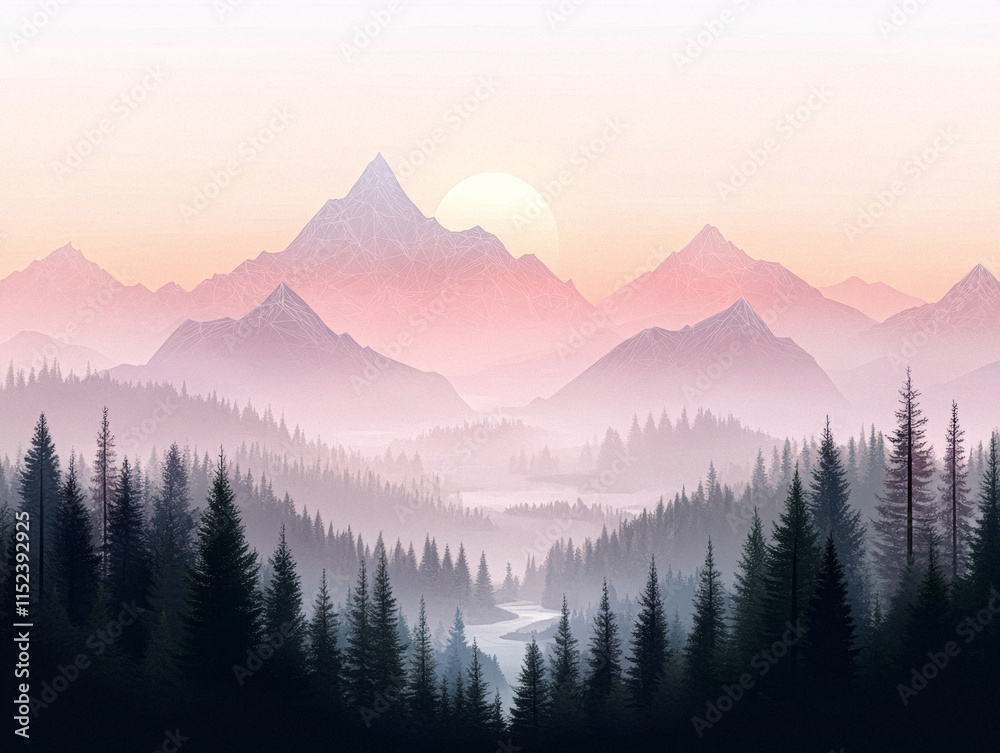 Obraz premium Serene mountain landscape with misty forest and sunrise